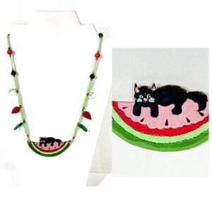 Handpainted signed metal and bead black cat necklace.